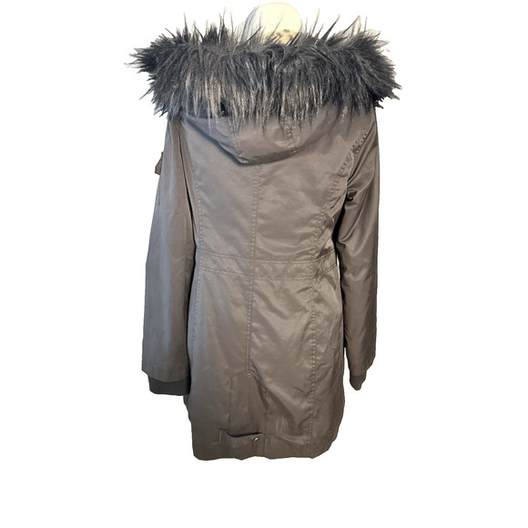 Belle Badgley Mischka Women's Medium Parka Jacket Black Leopard Faux Fur Hood - Picture 5 of 16